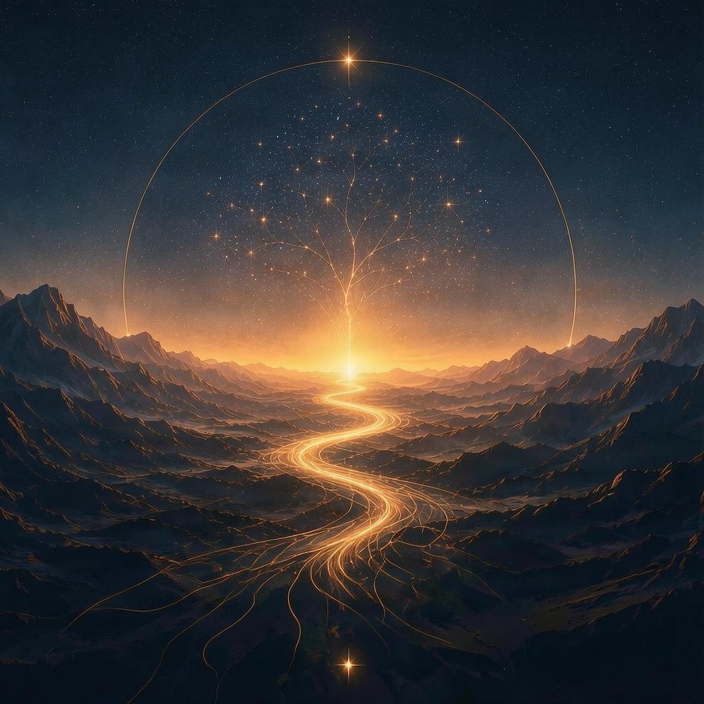 A luminous golden path leading through mountains toward a radiant horizon and a constellation tree
